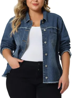 Agnes Orinda Plus Size Denim Jacket for Women Frayed Hem Classic Washed 2024 Denim Jean Jackets