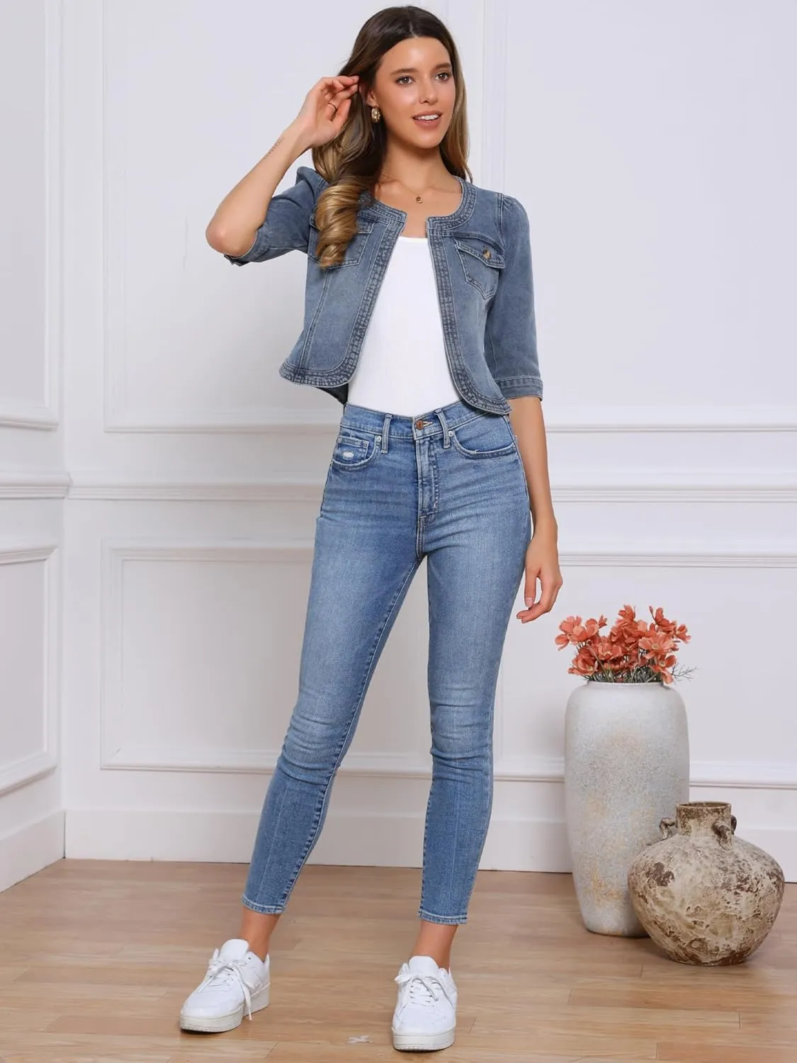 Allegra K Denim Jacket for Women's Collarless 2025 Cardigan 3/4 Sleeve Crop Jean Jackets