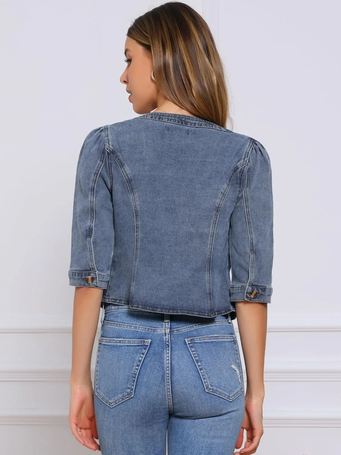 Allegra K Denim Jacket for Women's Collarless 2025 Cardigan 3/4 Sleeve Crop Jean Jackets