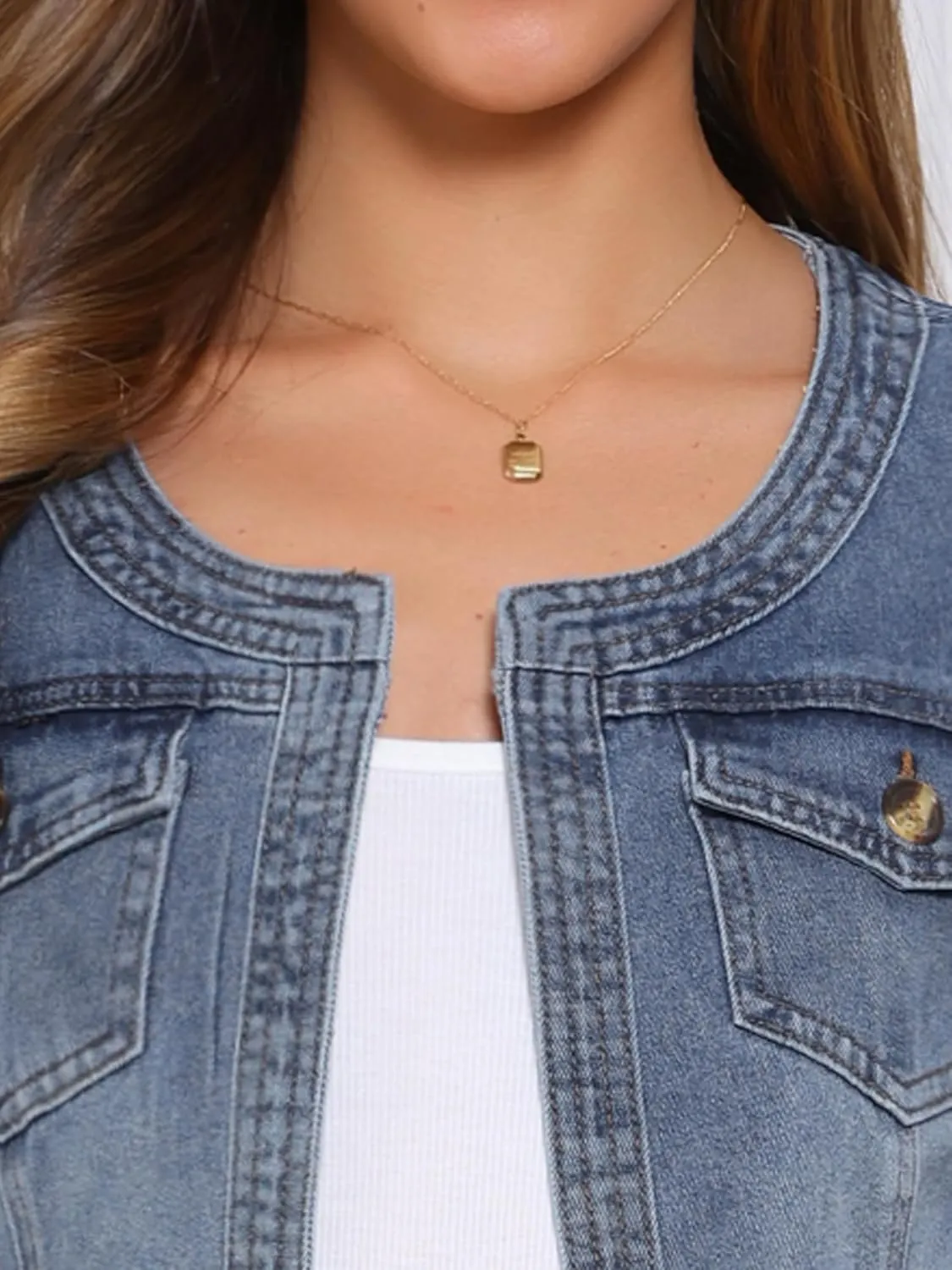 Allegra K Denim Jacket for Women's Collarless 2025 Cardigan 3/4 Sleeve Crop Jean Jackets