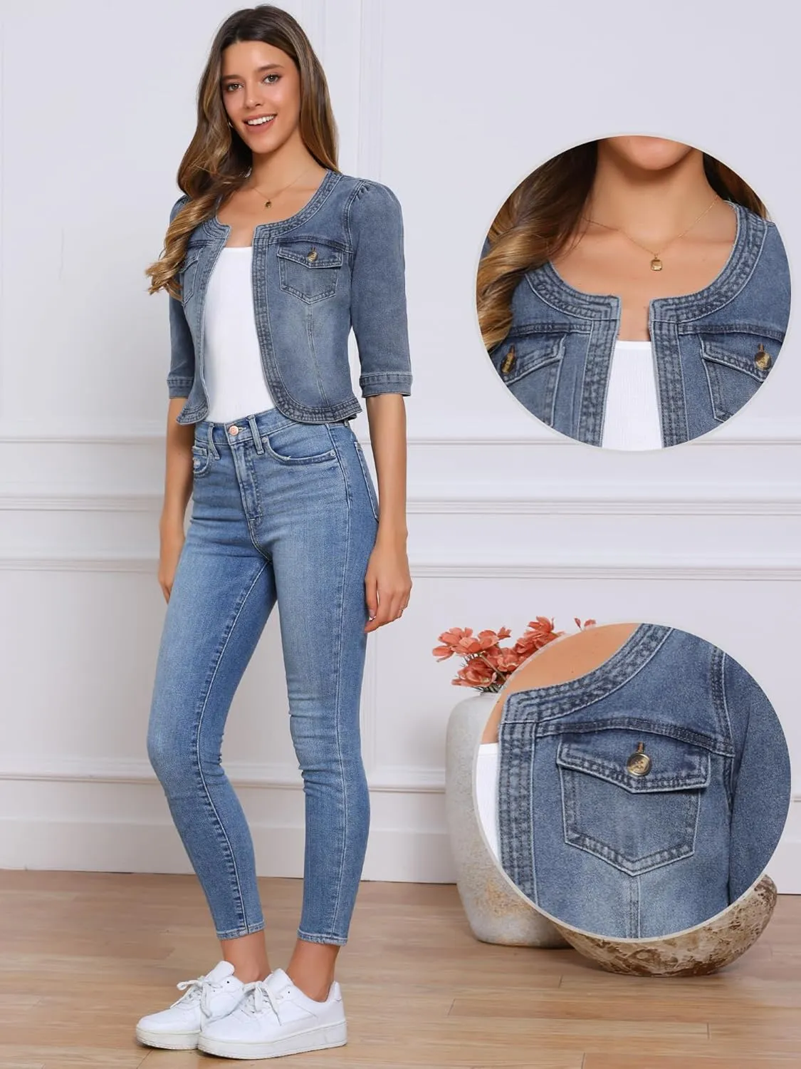 Allegra K Denim Jacket for Women's Collarless 2025 Cardigan 3/4 Sleeve Crop Jean Jackets