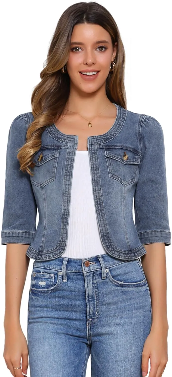 Allegra K Denim Jacket for Women's Collarless 2025 Cardigan 3/4 Sleeve Crop Jean Jackets