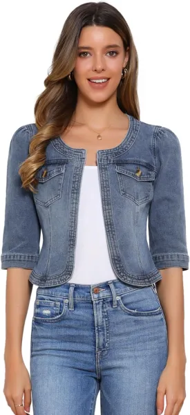 Allegra K Denim Jacket for Women's Collarless 2025 Cardigan 3/4 Sleeve Crop Jean Jackets