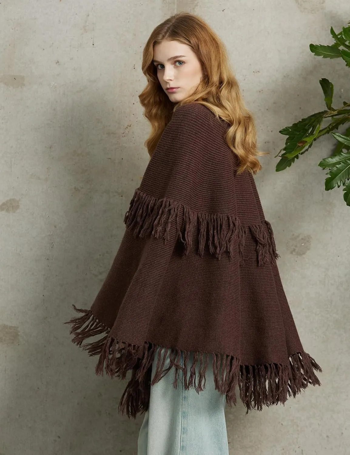 BEAUZSUZSANA Women Wool Blend Cape Poncho Shawl Knitted Cardigans with Button Tassel