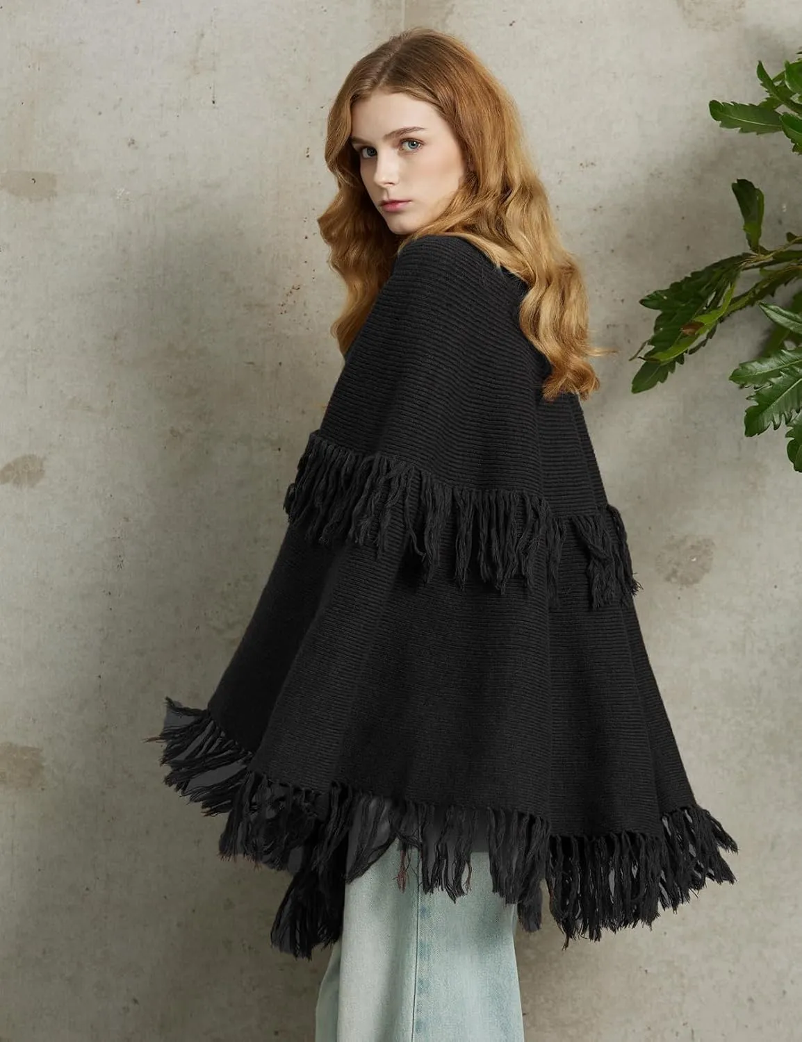 BEAUZSUZSANA Women Wool Blend Cape Poncho Shawl Knitted Cardigans with Button Tassel
