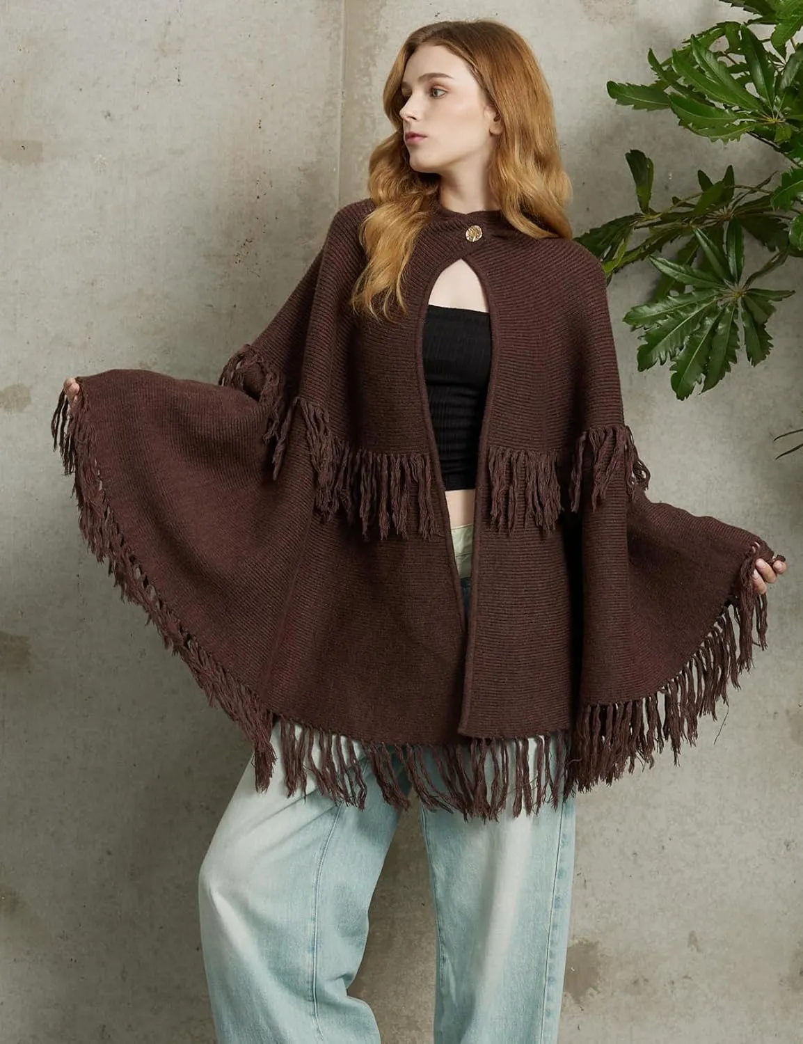 BEAUZSUZSANA Women Wool Blend Cape Poncho Shawl Knitted Cardigans with Button Tassel