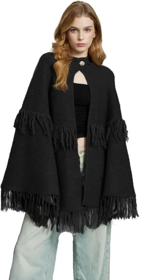 BEAUZSUZSANA Women Wool Blend Cape Poncho Shawl Knitted Cardigans with Button Tassel