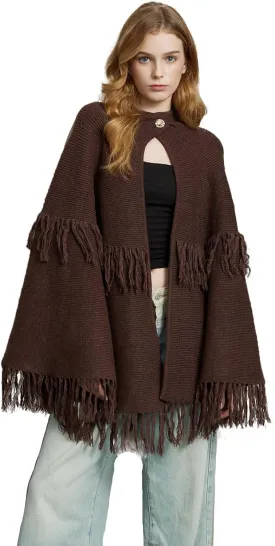 BEAUZSUZSANA Women Wool Blend Cape Poncho Shawl Knitted Cardigans with Button Tassel