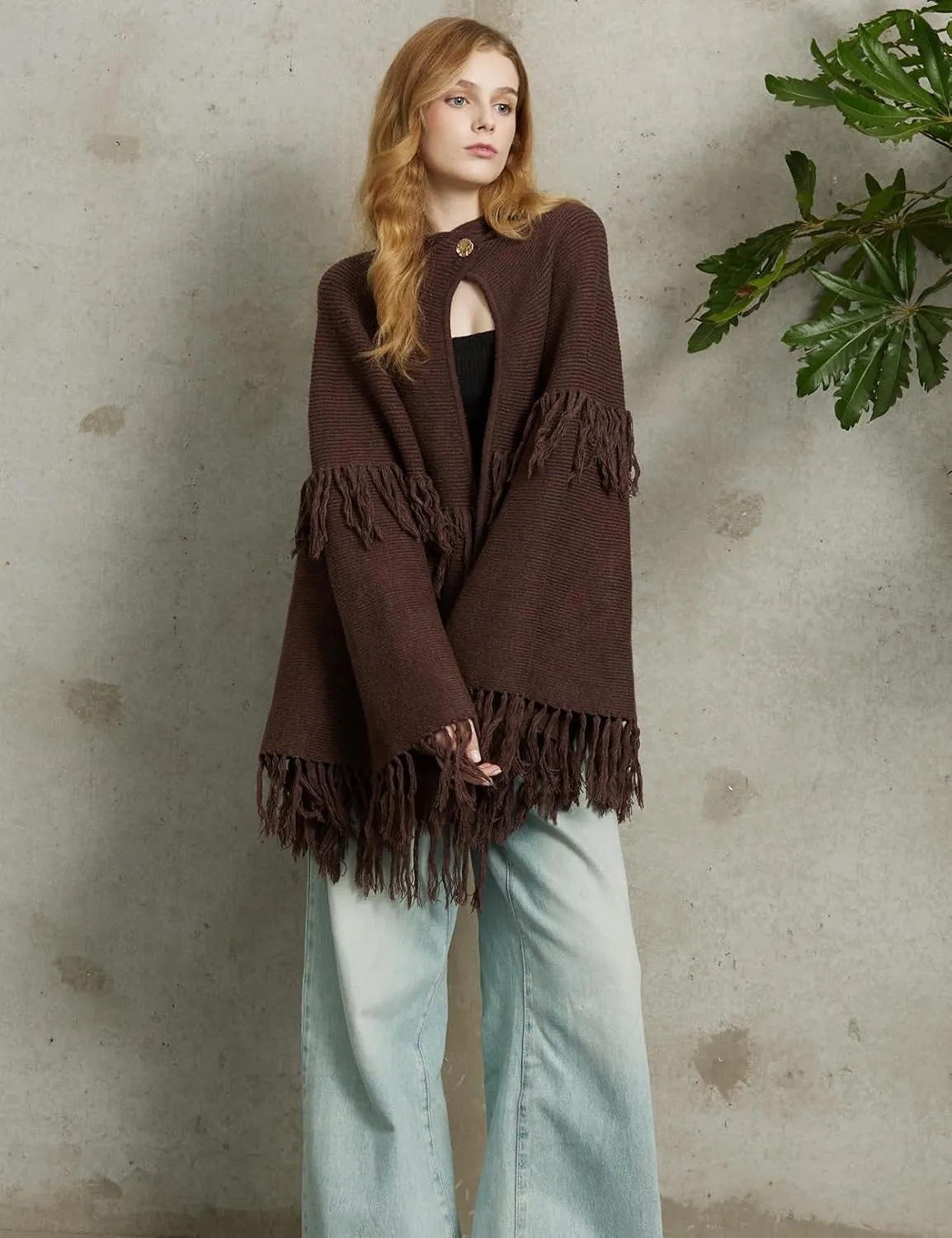 BEAUZSUZSANA Women Wool Blend Cape Poncho Shawl Knitted Cardigans with Button Tassel