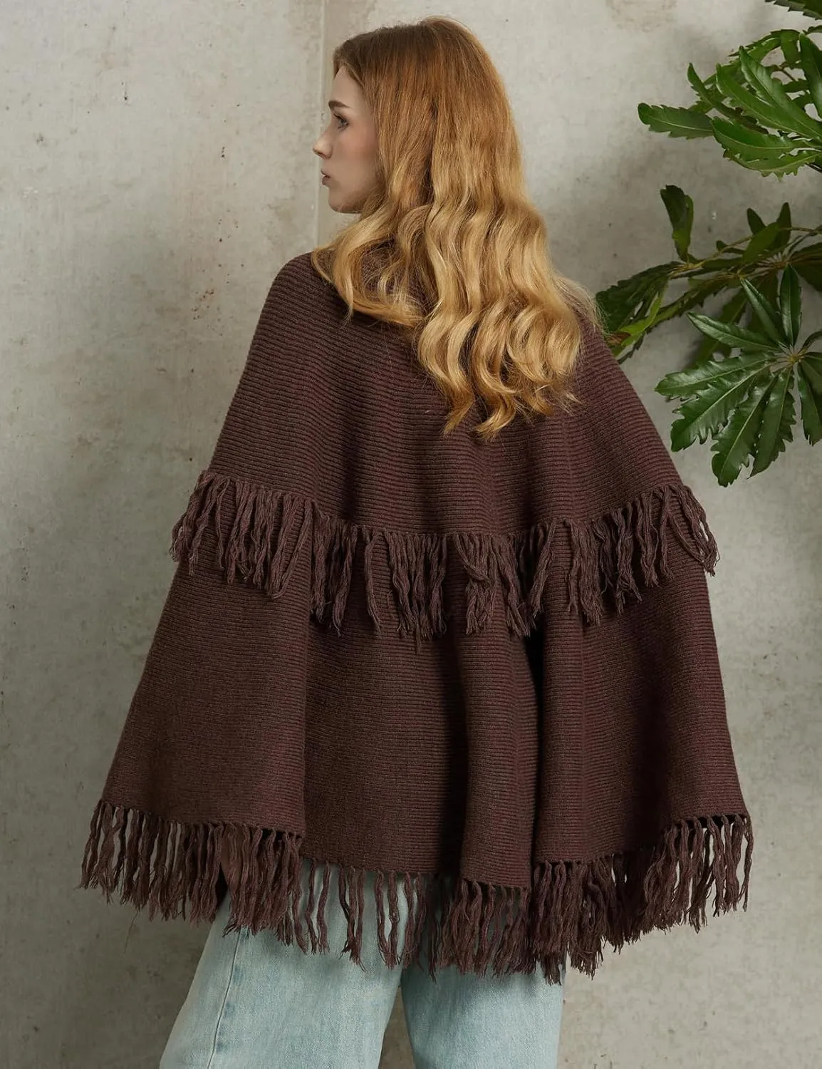 BEAUZSUZSANA Women Wool Blend Cape Poncho Shawl Knitted Cardigans with Button Tassel