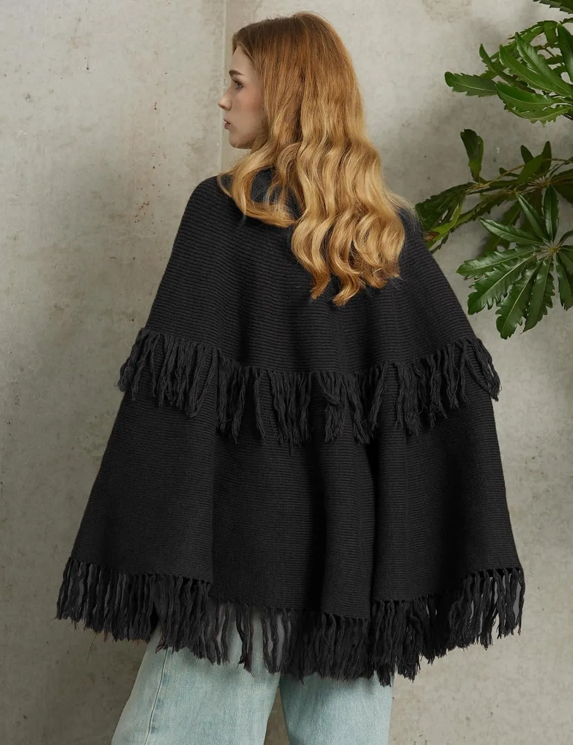 BEAUZSUZSANA Women Wool Blend Cape Poncho Shawl Knitted Cardigans with Button Tassel