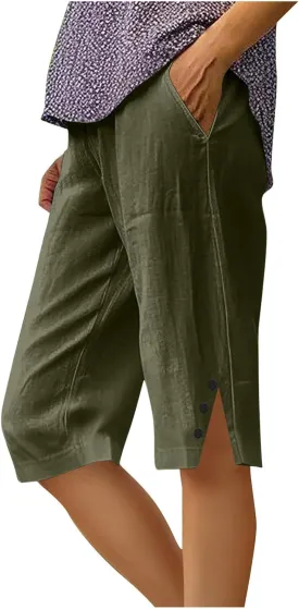 Bermuda Shorts for Women,Knee Length Linen Capri Pants High Waisted Comfy Casual Plus Size Capris 2025