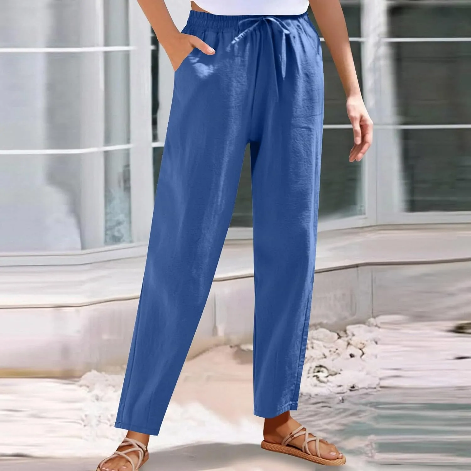 Borniu Women's Tapered Pants Cotton Linen Drawstring Back Elastic Waist Ankle Length Pant Loose Casual Straight Trousers