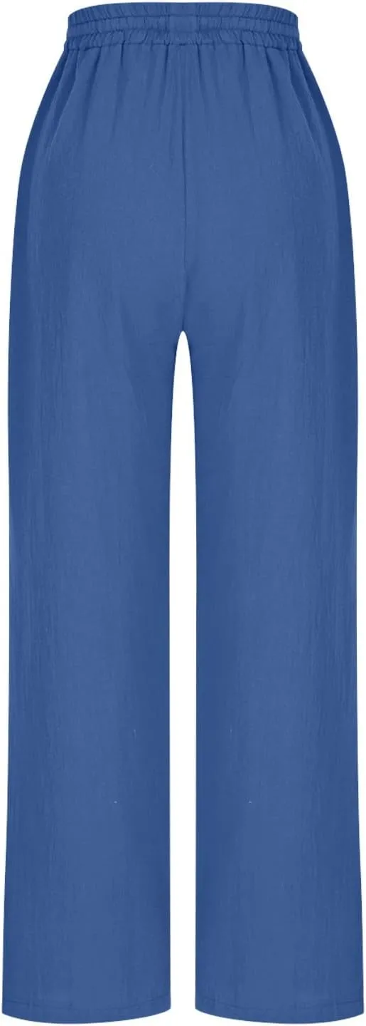 Borniu Women's Tapered Pants Cotton Linen Drawstring Back Elastic Waist Ankle Length Pant Loose Casual Straight Trousers