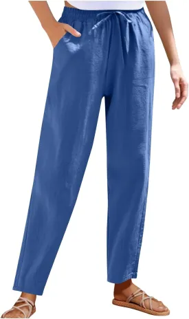 Borniu Women's Tapered Pants Cotton Linen Drawstring Back Elastic Waist Ankle Length Pant Loose Casual Straight Trousers