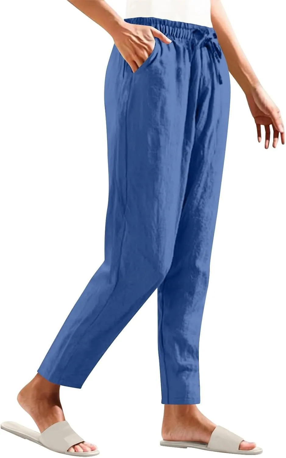 Borniu Women's Tapered Pants Cotton Linen Drawstring Back Elastic Waist Ankle Length Pant Loose Casual Straight Trousers