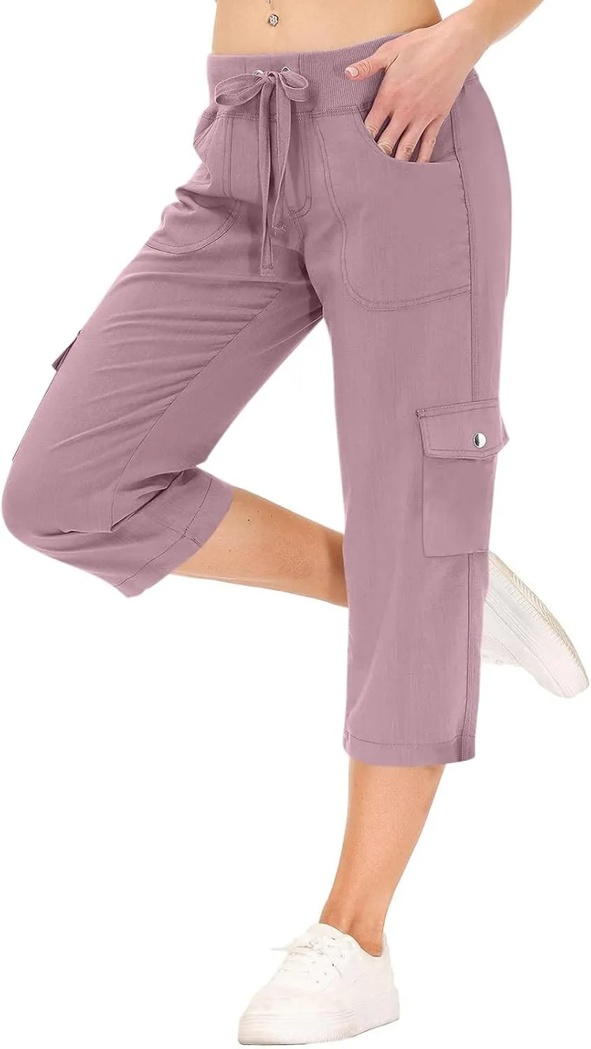 Capris for Seniors Lightweight Drawstring Waist Capri Cargo Pants Outdoor Hiking Wide Leg Cropped Pants with Pockets