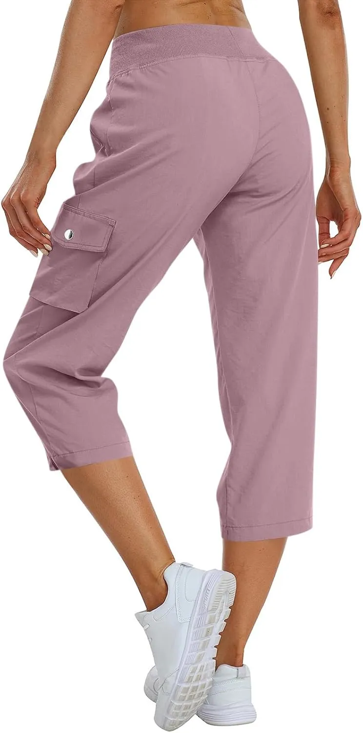 Capris for Seniors Lightweight Drawstring Waist Capri Cargo Pants Outdoor Hiking Wide Leg Cropped Pants with Pockets
