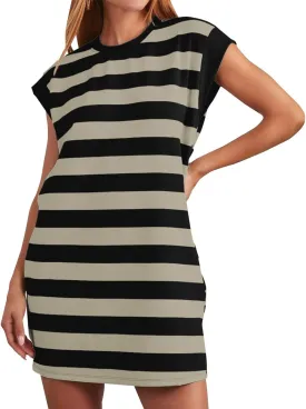 Casual Summer Dresses for Women 2025,Summer Striped Tshirt Short Dress Loose Cap Sleeves Round Neck Tshirt Beach Dresses