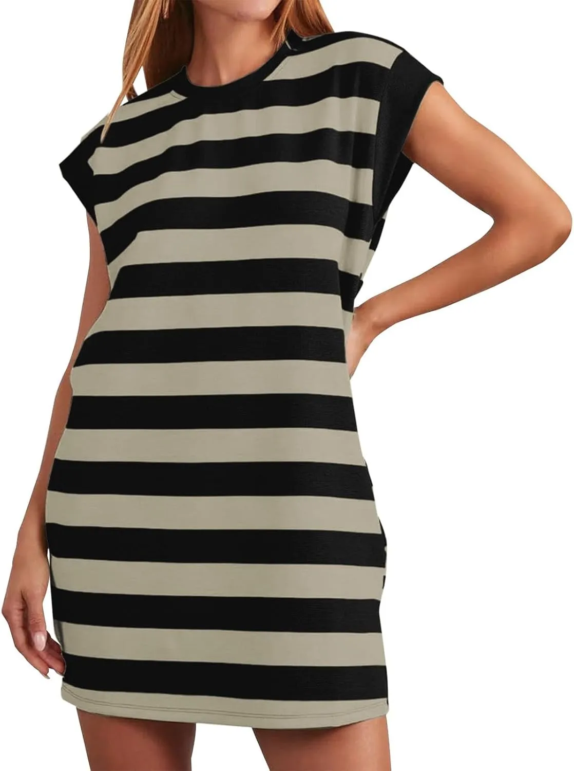 Casual Summer Dresses for Women 2025,Summer Striped Tshirt Short Dress Loose Cap Sleeves Round Neck Tshirt Beach Dresses