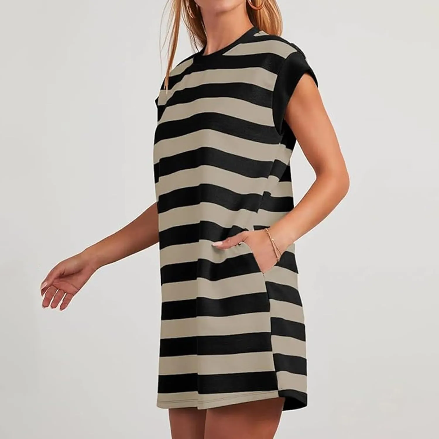 Casual Summer Dresses for Women 2025,Summer Striped Tshirt Short Dress Loose Cap Sleeves Round Neck Tshirt Beach Dresses