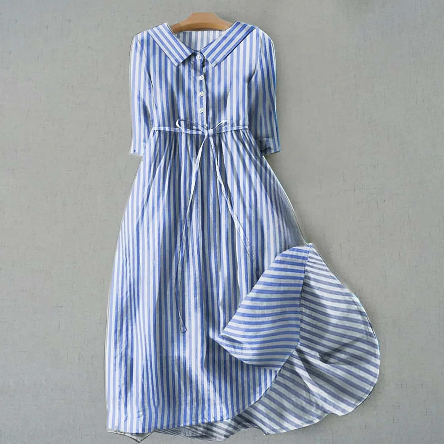 Cotton Linen Dresses for Women 2024 Maxi Button Down Plus Size A Line Dress Trendy 3/4 Sleeve Floral Dress Summer Dresses