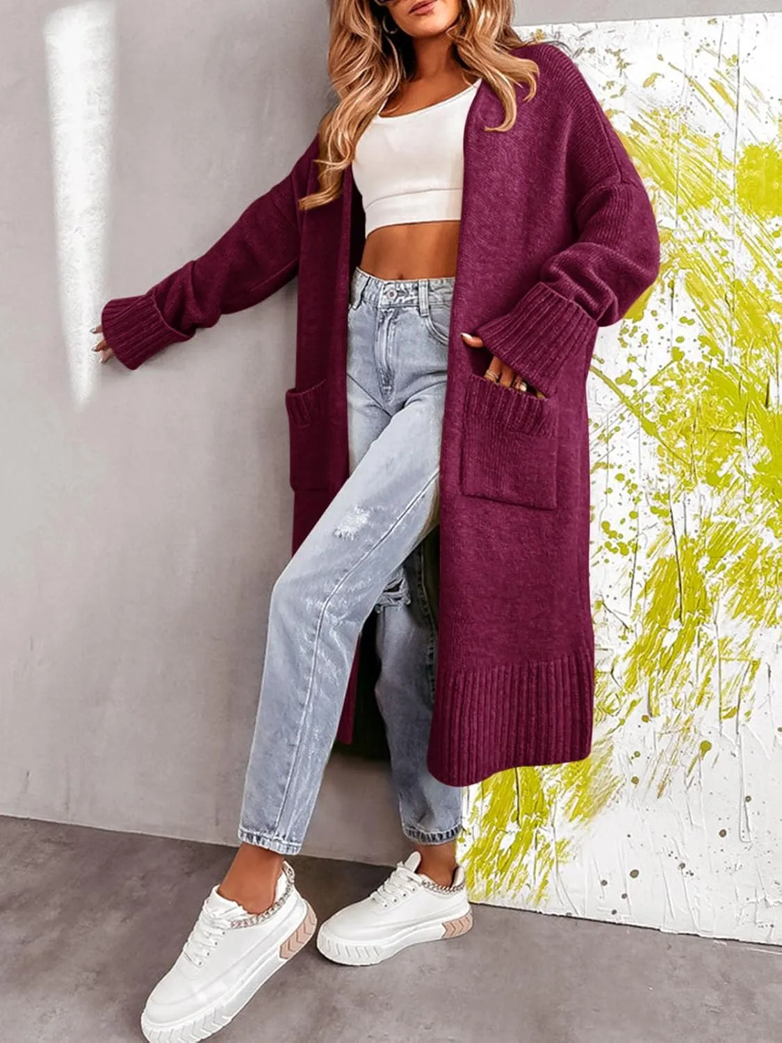 Danedvi Long Cardigan Sweaters for Women 2025 Fall Open Front Knit Oversized Cardigans Duster Coat with Pockets