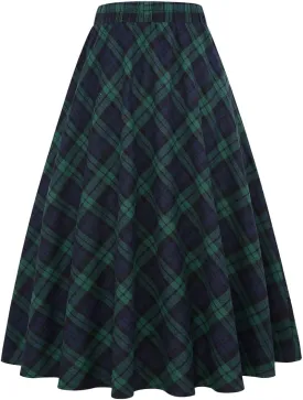 IDEALSANXUN Womens Plaid Skirt Elastic Waist A-line Midi Pleated Skirts