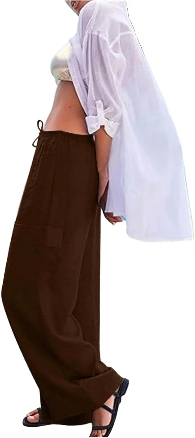 Linen Cargo Pants Women Summer Hiking Elastic High Waisted Wide Leg Trouser Beach Asual Baggy Palazzo Pants with Pockets