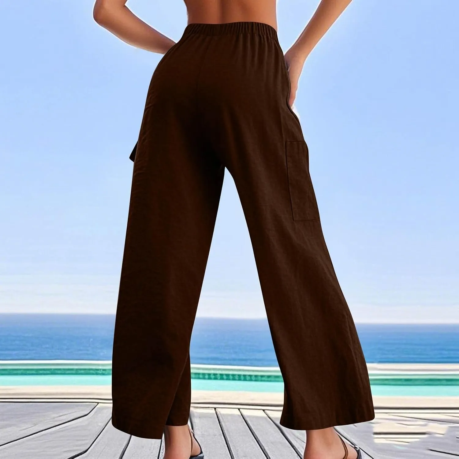 Linen Cargo Pants Women Summer Hiking Elastic High Waisted Wide Leg Trouser Beach Asual Baggy Palazzo Pants with Pockets