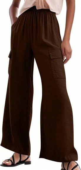 Linen Cargo Pants Women Summer Hiking Elastic High Waisted Wide Leg Trouser Beach Asual Baggy Palazzo Pants with Pockets