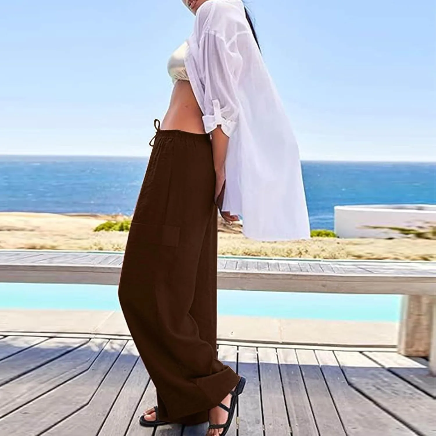 Linen Cargo Pants Women Summer Hiking Elastic High Waisted Wide Leg Trouser Beach Asual Baggy Palazzo Pants with Pockets