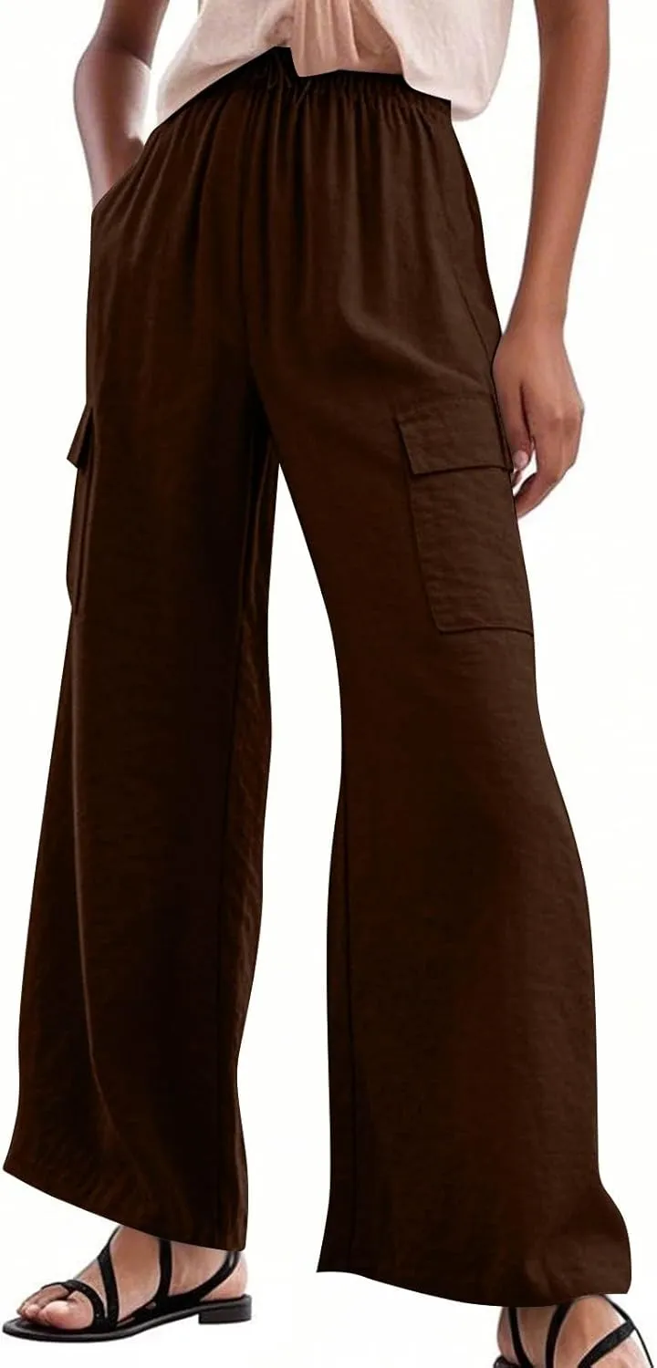 Linen Cargo Pants Women Summer Hiking Elastic High Waisted Wide Leg Trouser Beach Asual Baggy Palazzo Pants with Pockets