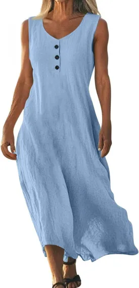 Linen Cotton Beach Dress for Women 2025 Summer Button Shirt Dress Casual Round Neck Dressy Trendy Long Dresses
