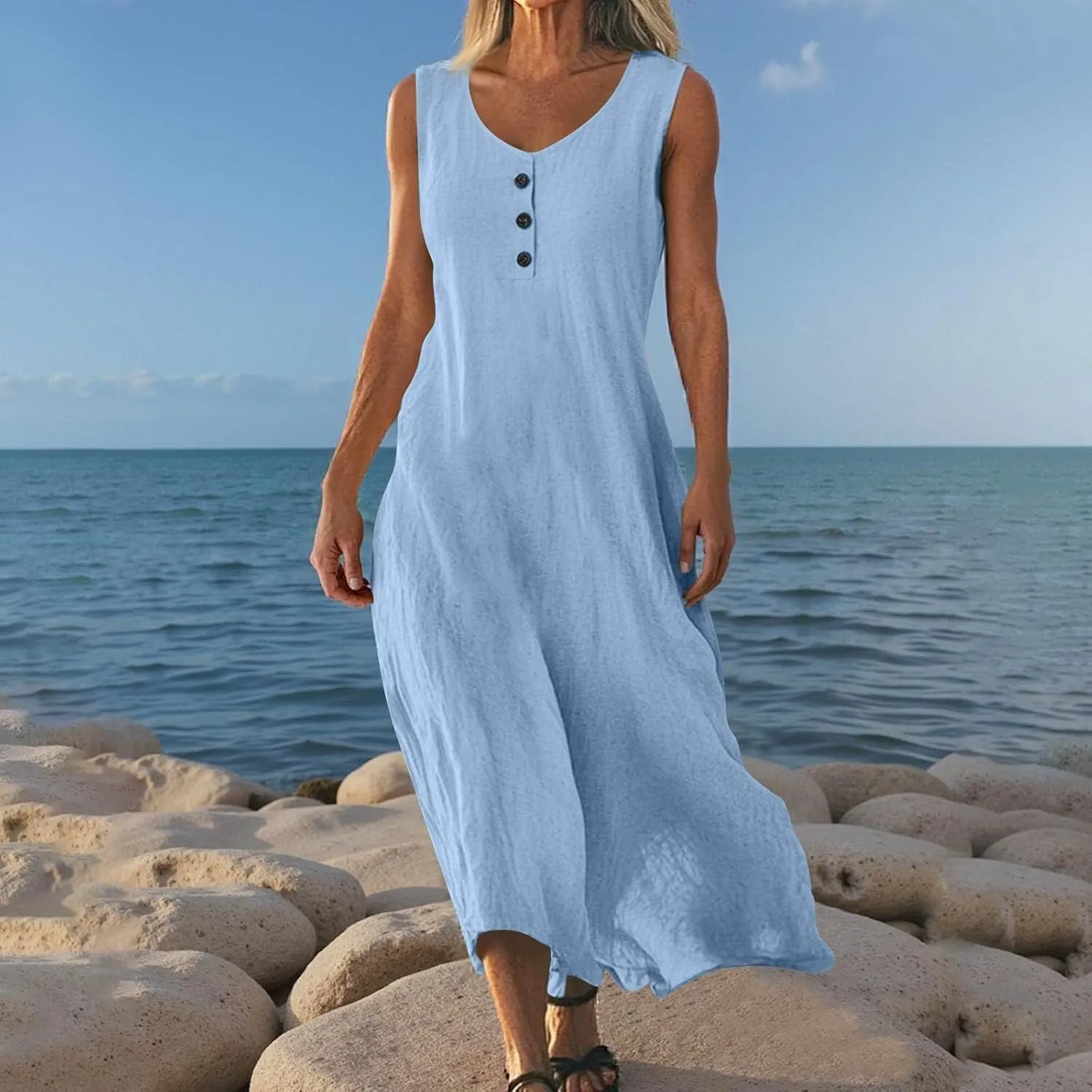 Linen Cotton Beach Dress for Women 2025 Summer Button Shirt Dress Casual Round Neck Dressy Trendy Long Dresses