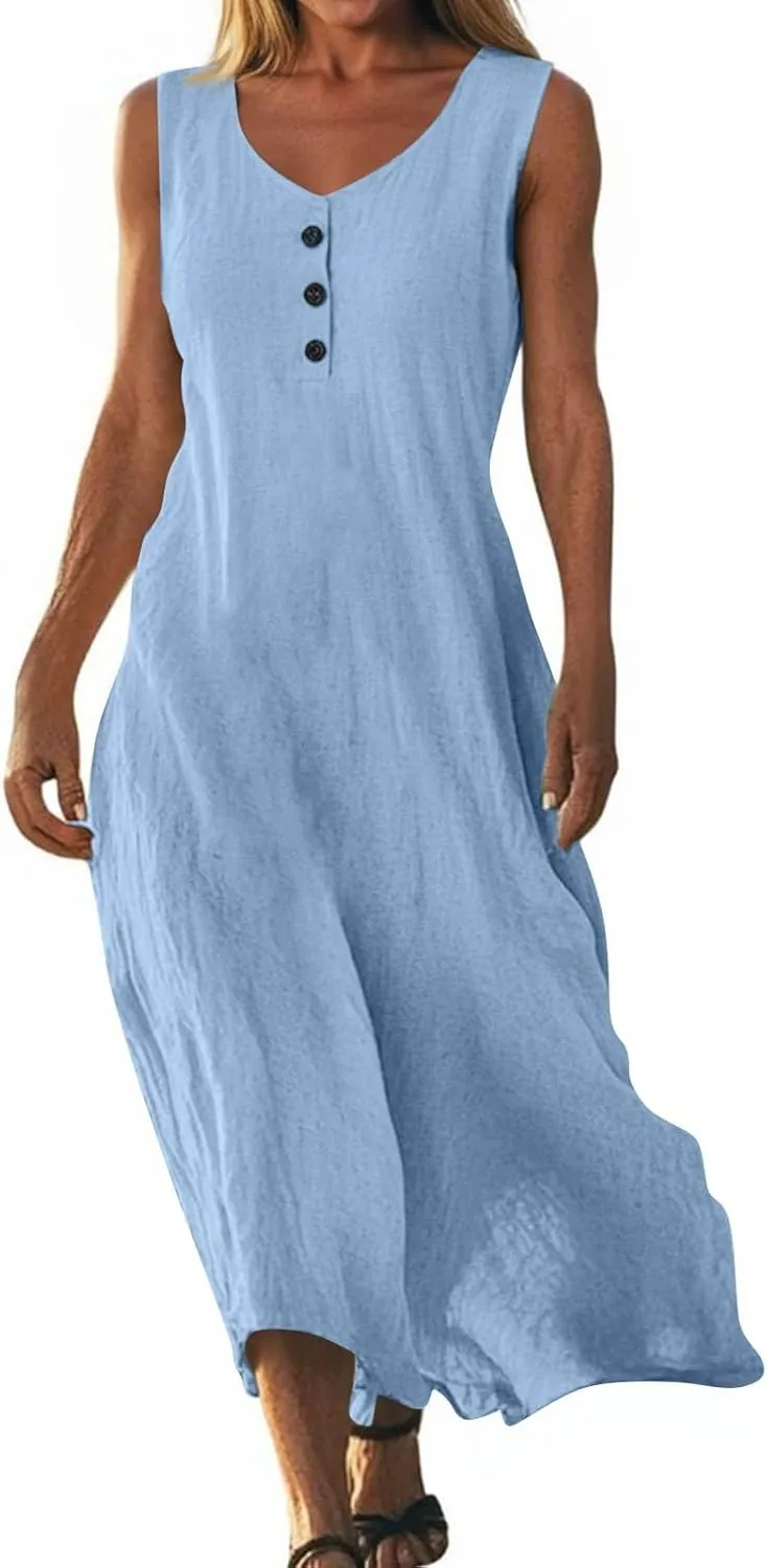 Linen Cotton Beach Dress for Women 2025 Summer Button Shirt Dress Casual Round Neck Dressy Trendy Long Dresses