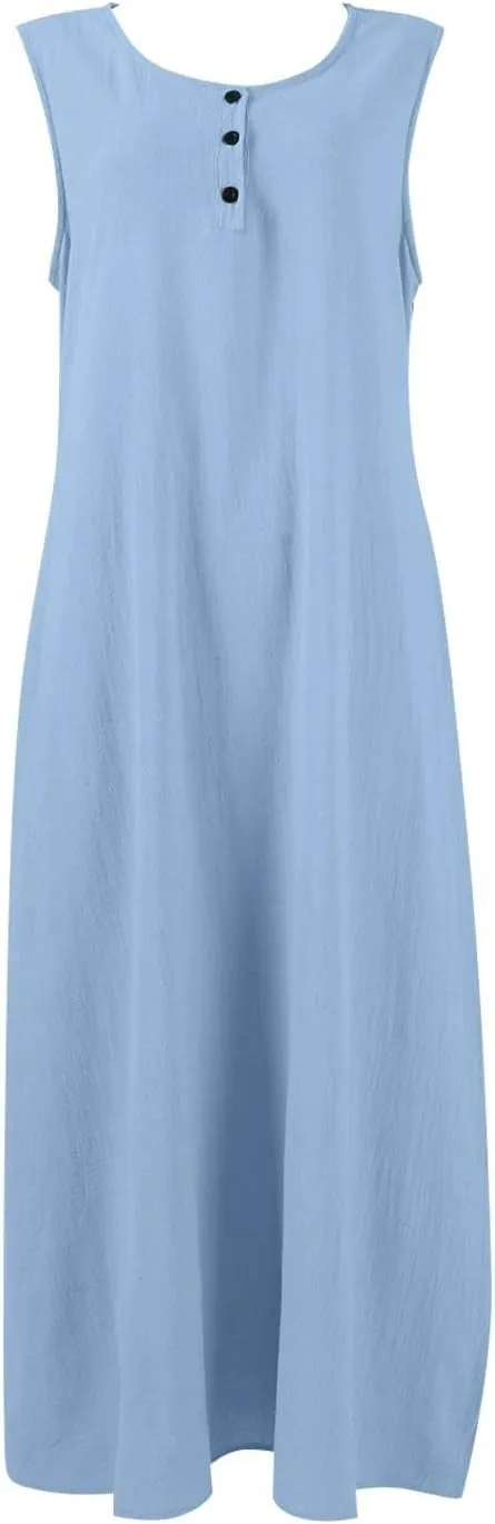 Linen Cotton Beach Dress for Women 2025 Summer Button Shirt Dress Casual Round Neck Dressy Trendy Long Dresses
