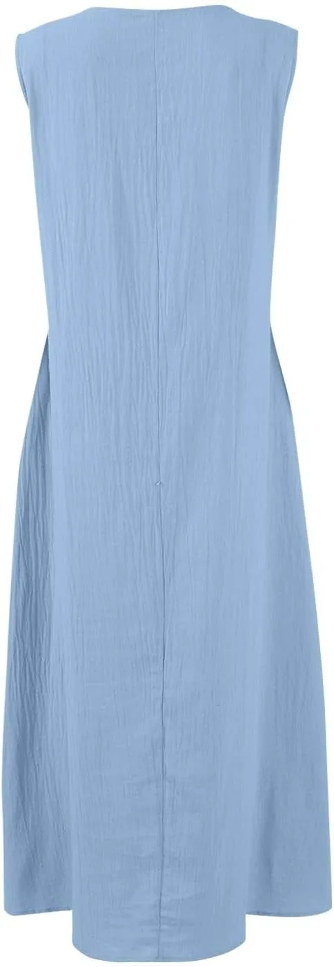 Linen Cotton Beach Dress for Women 2025 Summer Button Shirt Dress Casual Round Neck Dressy Trendy Long Dresses