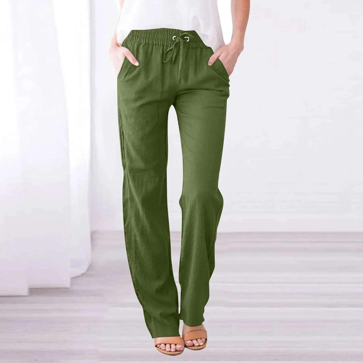 Linen Pants for Women High Waisted Loose Straight Leg Trousers Casual Summer Dress Pants Lounge Trousers with Pockets