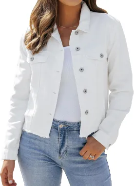 LookbookStore Jean Jackets for Women Trendy Button Down Denim Trucker Jackets Long Sleeves Frayed Hem Shacket Jacket