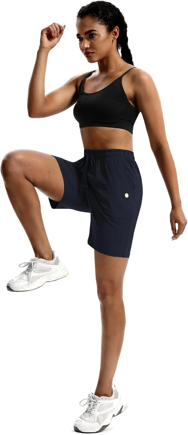 LUCKYCATCUS Women's 7" Bermuda Shorts Jersey Shorts with Pockets Workout Yoga Athletic Long Shorts for Women