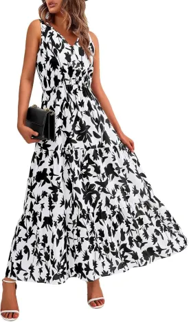 Maxi Dress for Women 2025 Summer Dresses Casual Sleeveless Beach Dresses Vacation Ruffle Wrap V Neck Party Dress
