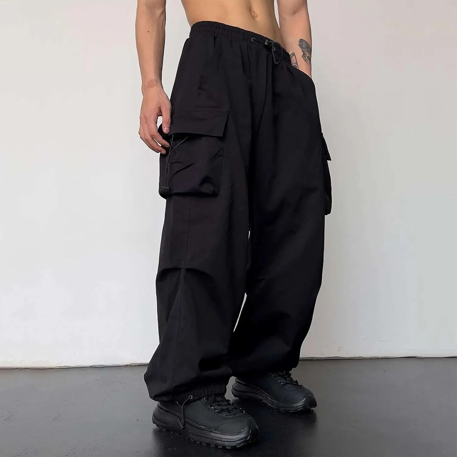 Men's Baggy Cargo Pants,Work Parachute Cargo Pants Y2k Casual Hip Hop Harem Pants with Pockets Sports Running Streewear