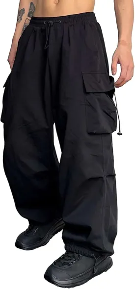 Men's Baggy Cargo Pants,Work Parachute Cargo Pants Y2k Casual Hip Hop Harem Pants with Pockets Sports Running Streewear