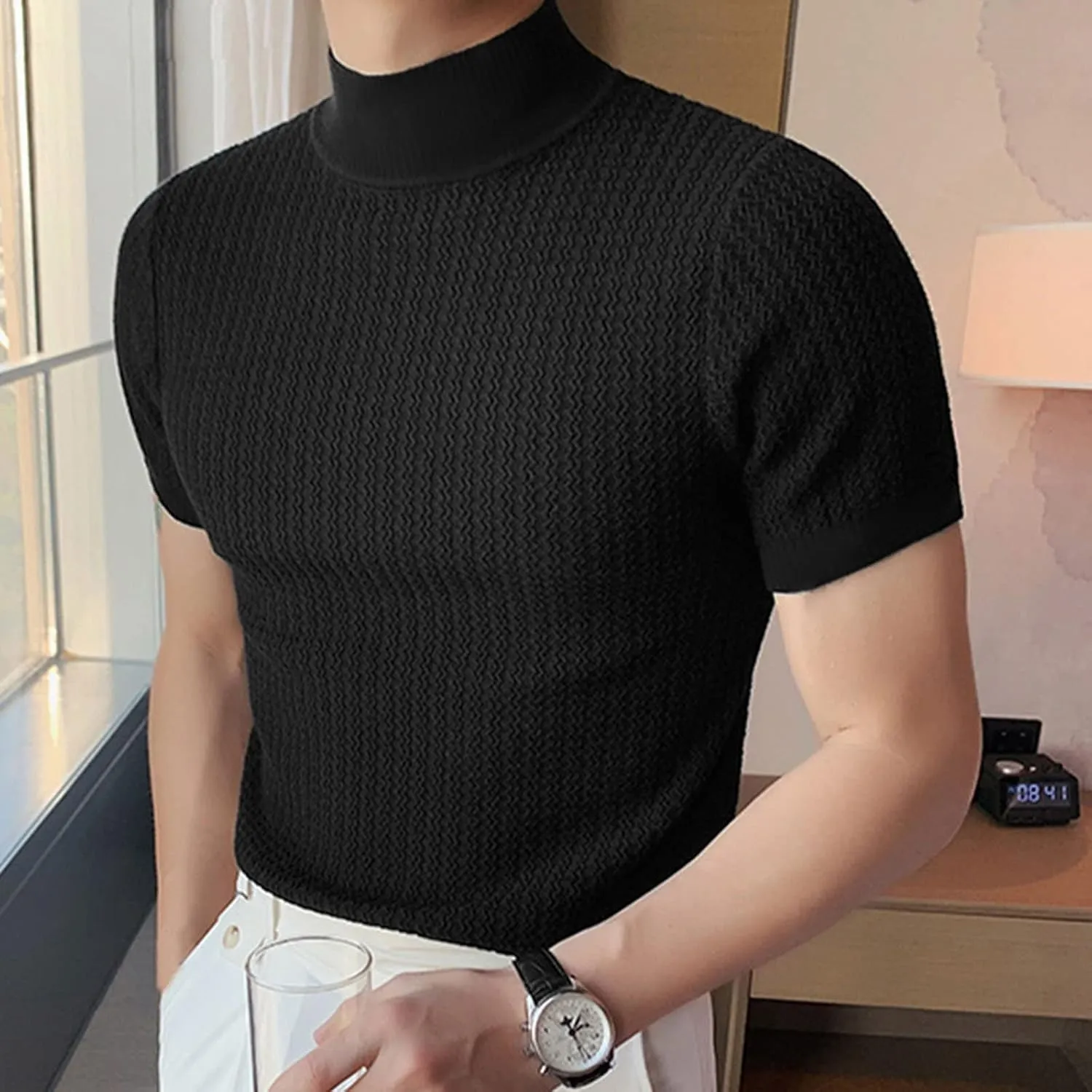 Mens Mock Turtleneck T Shirt Solid Ribbed Knit High Collar Short Sleeve Tops Spring Summer Slim Muscle Undershirt