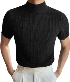 Mens Mock Turtleneck T Shirt Solid Ribbed Knit High Collar Short Sleeve Tops Spring Summer Slim Muscle Undershirt