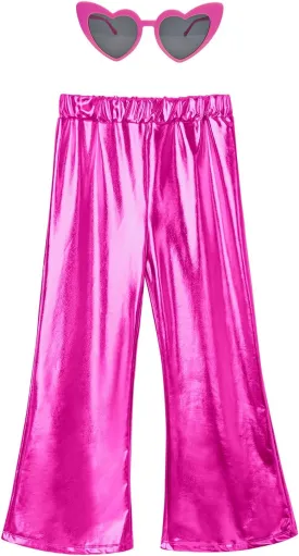 Perfashion Girls' Shiny Metallic Flared Pants Festival Dance Pants Disco with Sunglasses Wide Leg Trousers 6-15 Years