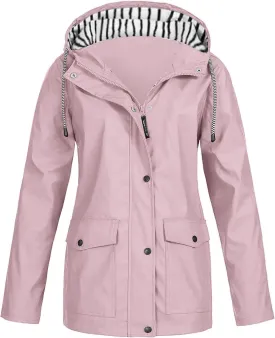 Rain Jackets for Women Windbreaker Waterproof Outdoor Srtiped Lined Coats with Hood Lightweight Raincoat with Pockets