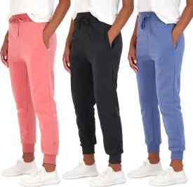 Real Essentials 3 Pack: Women's Ultra-Soft & Warm Fleece Joggers Sweatpants with Pocket (Available in Plus Size)