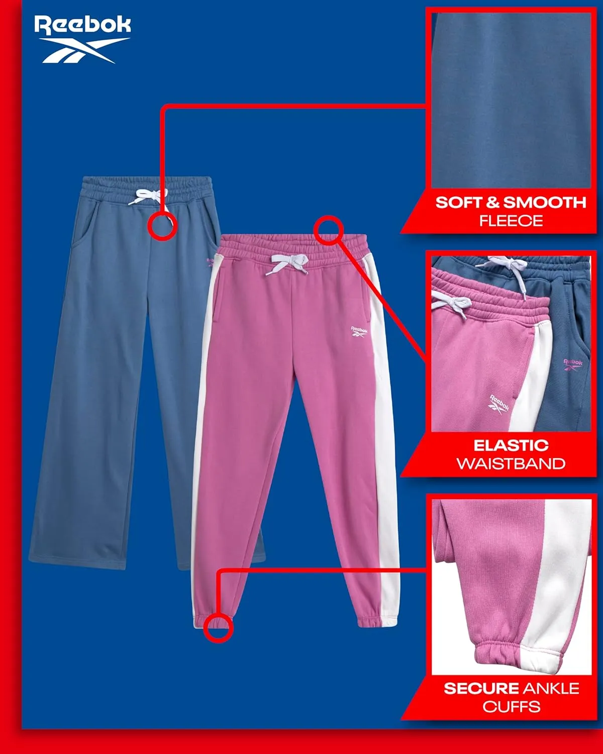 Reebok Girls' Sweatpants - 2 Pack Active Pull On Fleece Joggers and Wide Leg Jogger Pants with Pockets (Sizes: 4-16)